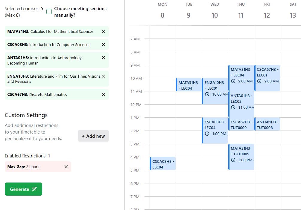 course matrix timetable